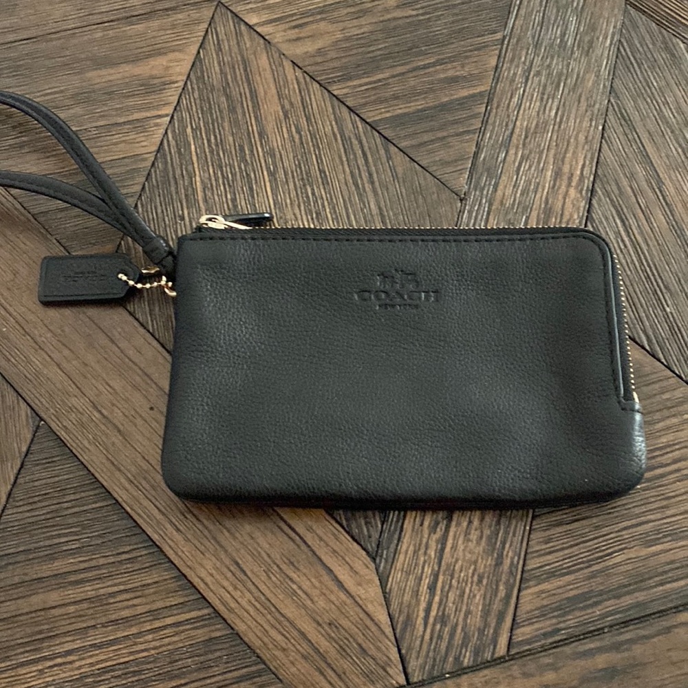 Coach Black Leather Double Zip Wristlet with Gold Hardware